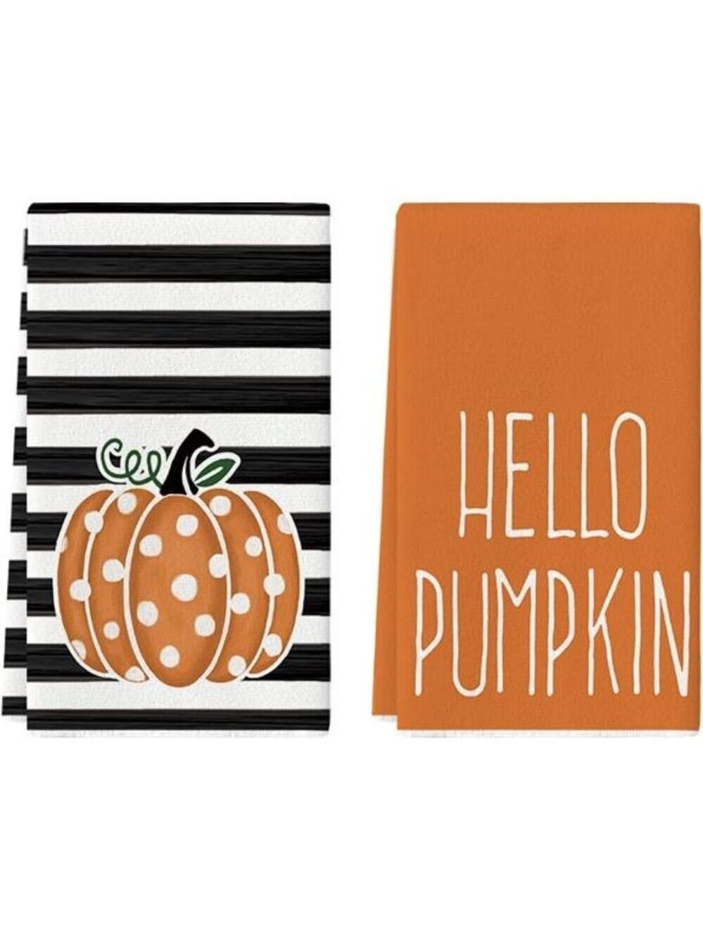 Orange Polka Dot Fall Kitchen Towels Set of 2 Hello Pumpkin Hand Dish Towels